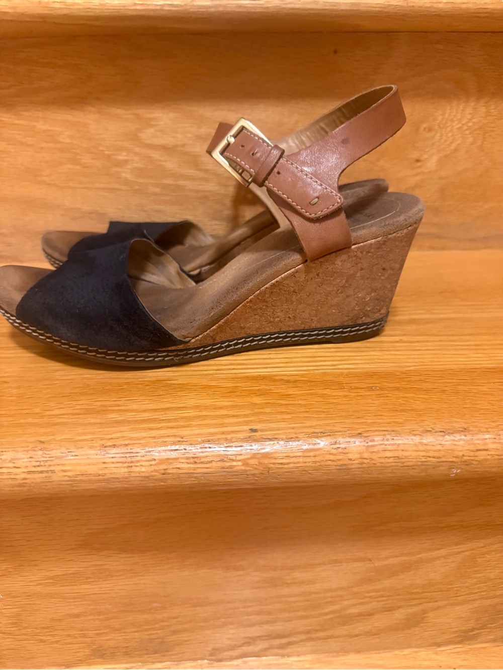 Clarks Sandals with Black Suede Toe and Brown Leather Ankle Strap.